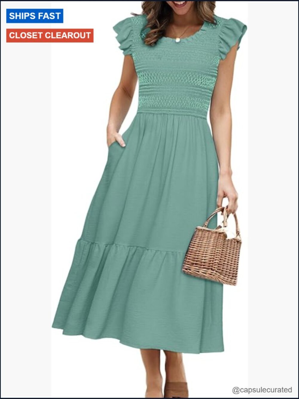 Women's Summer Midi Dress Boho Smocked Waist Flutter Sleeve A Line Tiered Dress